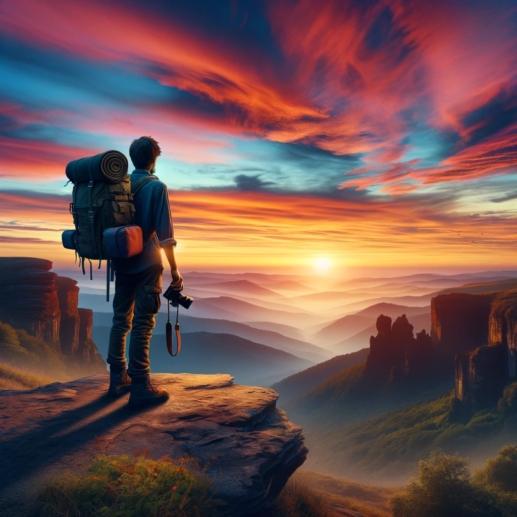 A photographer standing at the edge of a cliff, overlooking a vast landscape. The sky is painted with hues of orange and pink as the sun sets in the distance. The person appears contemplative, with their silhouette against the colorful sky. The image captures the essence of embarking on a journey, with the vastness of possibilities ahead, symbolizing the metaphor of life as a continuous artistic creation.