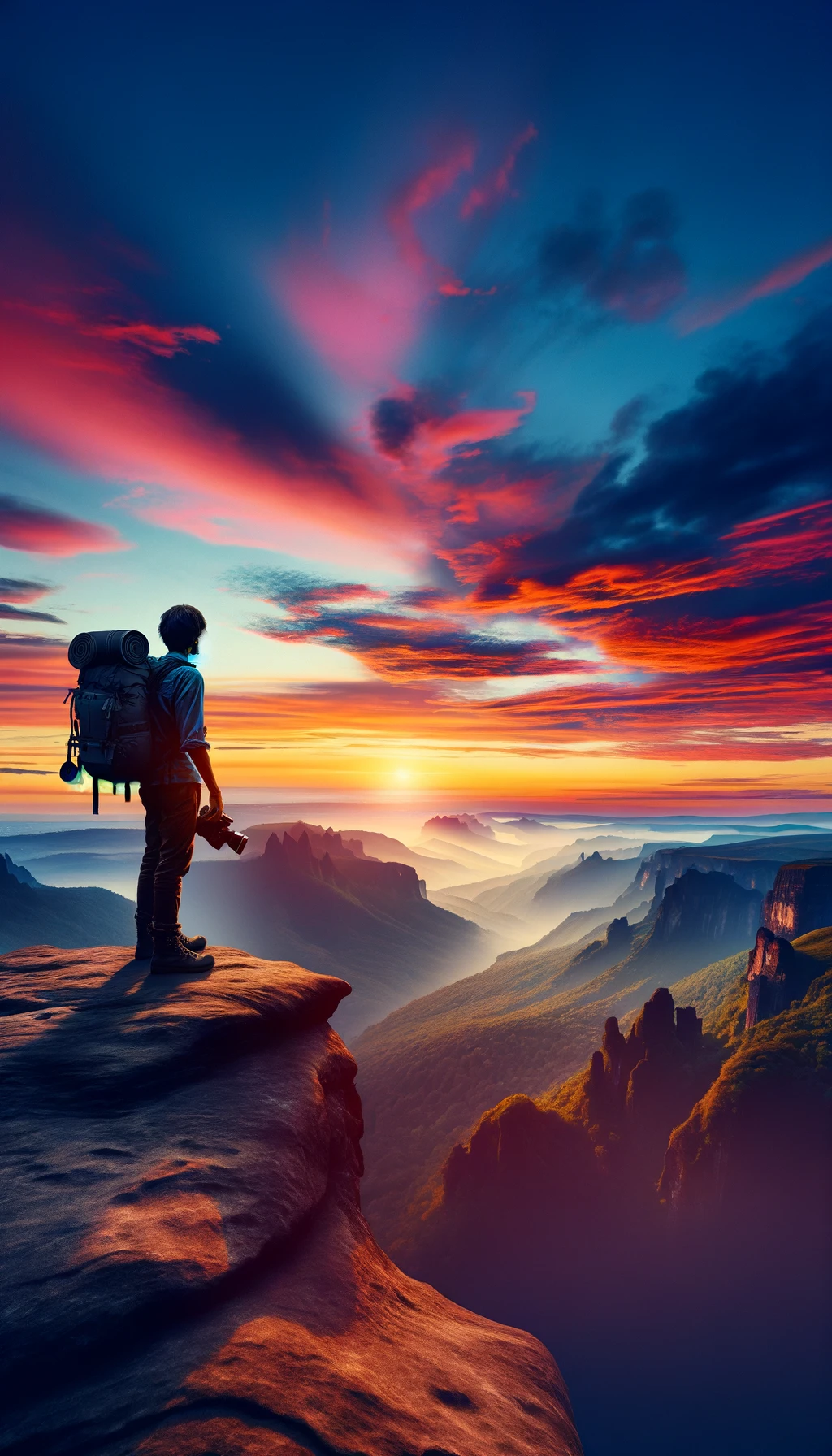 A person standing at the edge of a cliff, overlooking a vast landscape. The sky is painted with hues of orange and pink as the sun sets in the distance. The person appears contemplative, with their silhouette against the colorful sky. 